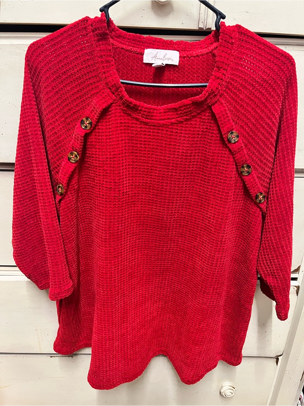 Avalon Red Waffle-Knit Button Shoulder Sweater